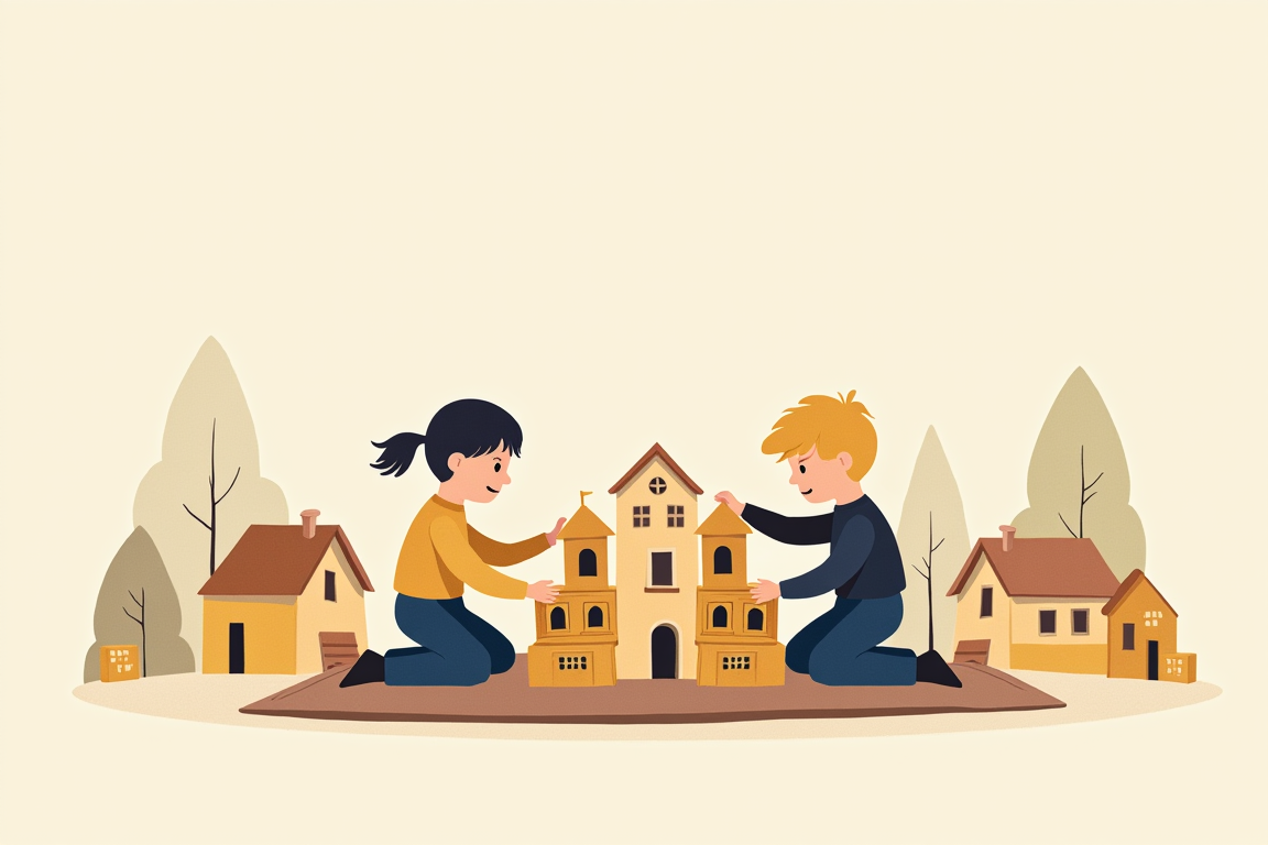 Illustration: two children building a tiny town out of toy blocks