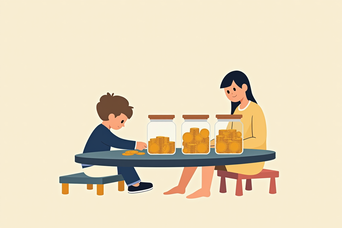 Illustration: a child sorting coins into three jars while a parent watches