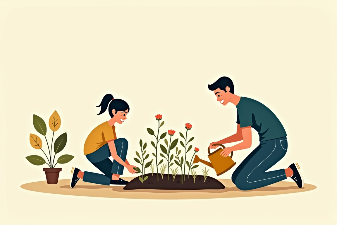 Illustration: a family planting seedlings in a backyard garden