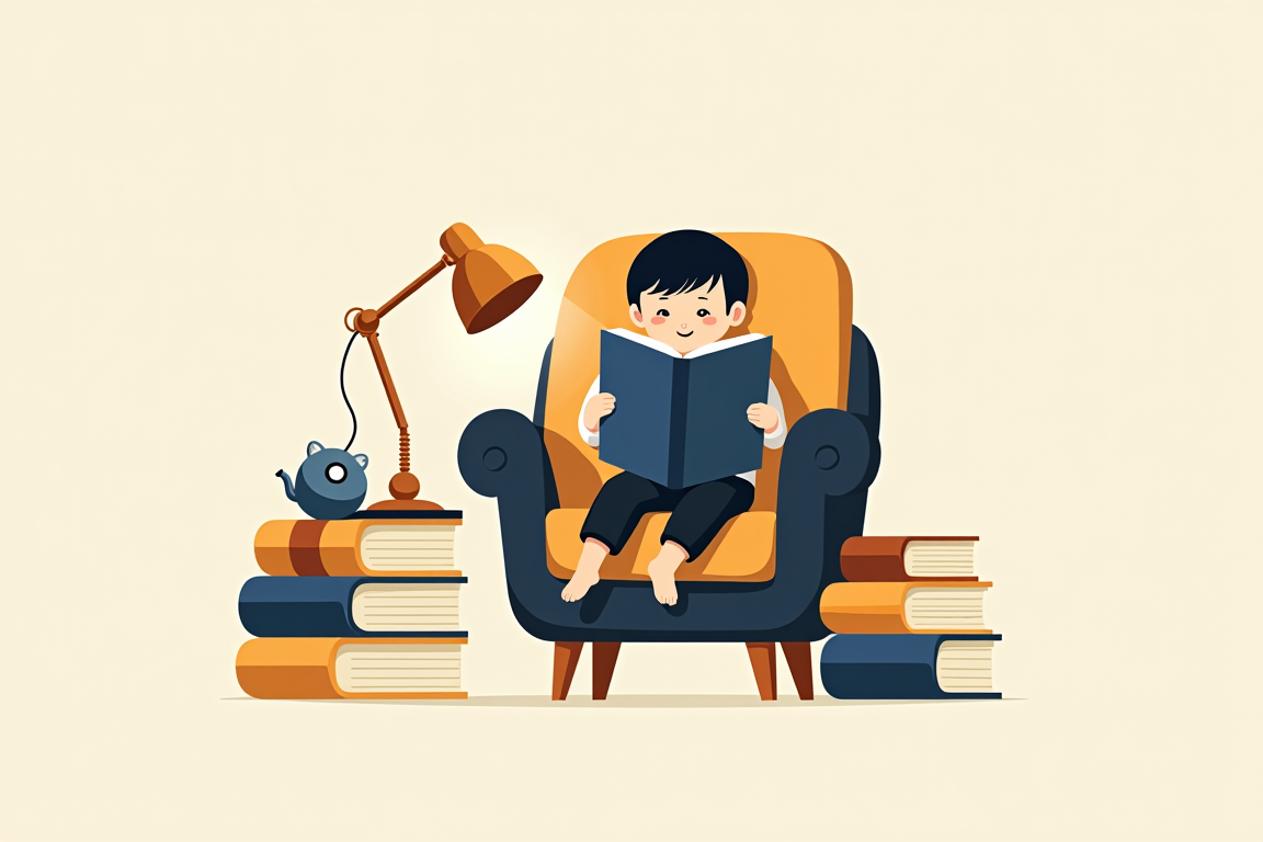 Illustration: a child reading a big book in a cozy armchair