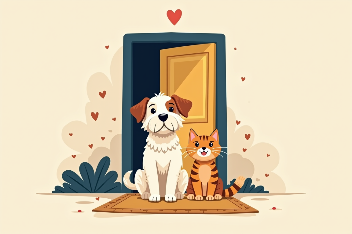 Illustration: a dog and a cat sitting on a welcome mat at an open door
