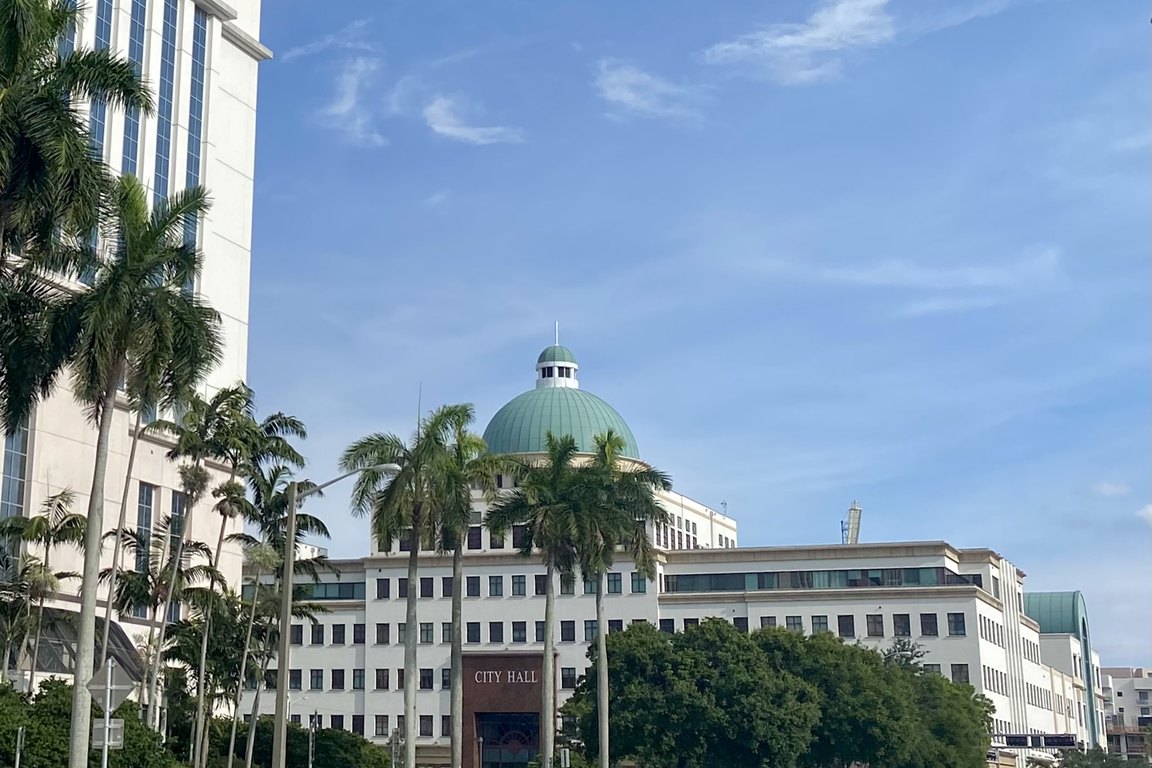 A white multi-story government building with a green dome and a City Hall sign, framed by royal palms.