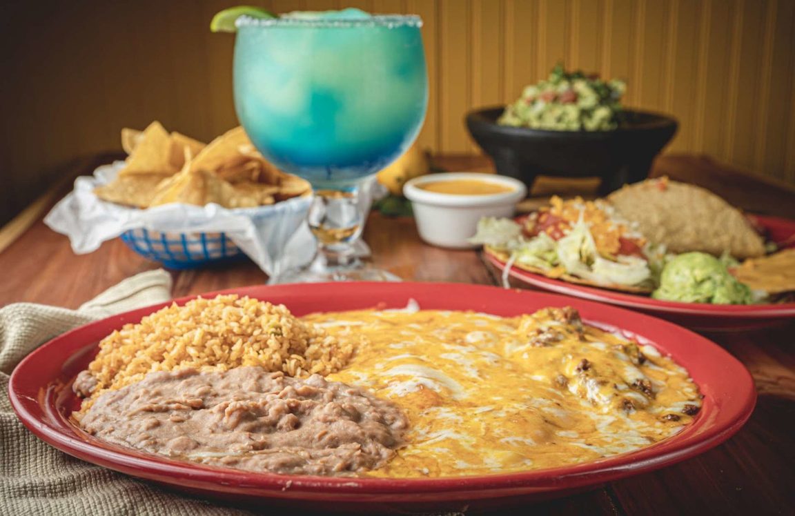 Cheese enchiladas with rice and beans, tacos and a margarita at Tortilla's