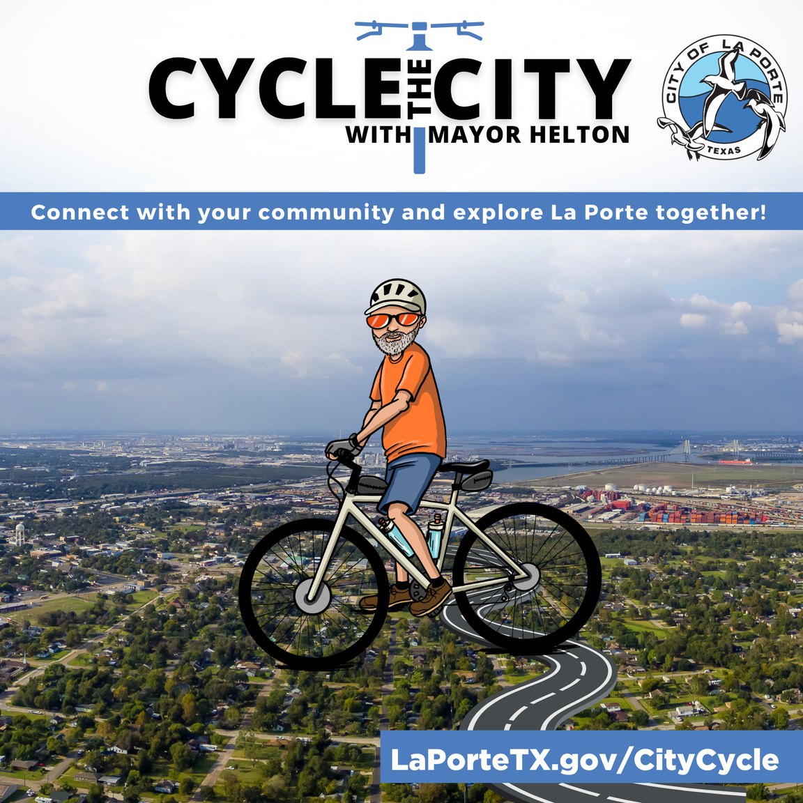 The city's Cycle the City with Mayor Helton flyer: a cartoon cyclist riding over an aerial view of La Porte.