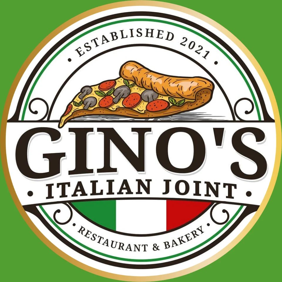 Gino&rsquo;s Italian Joint logo: a slice of pepperoni and mushroom pizza above the words Gino&rsquo;s Italian Joint, Restaurant & Bakery, Established 2021